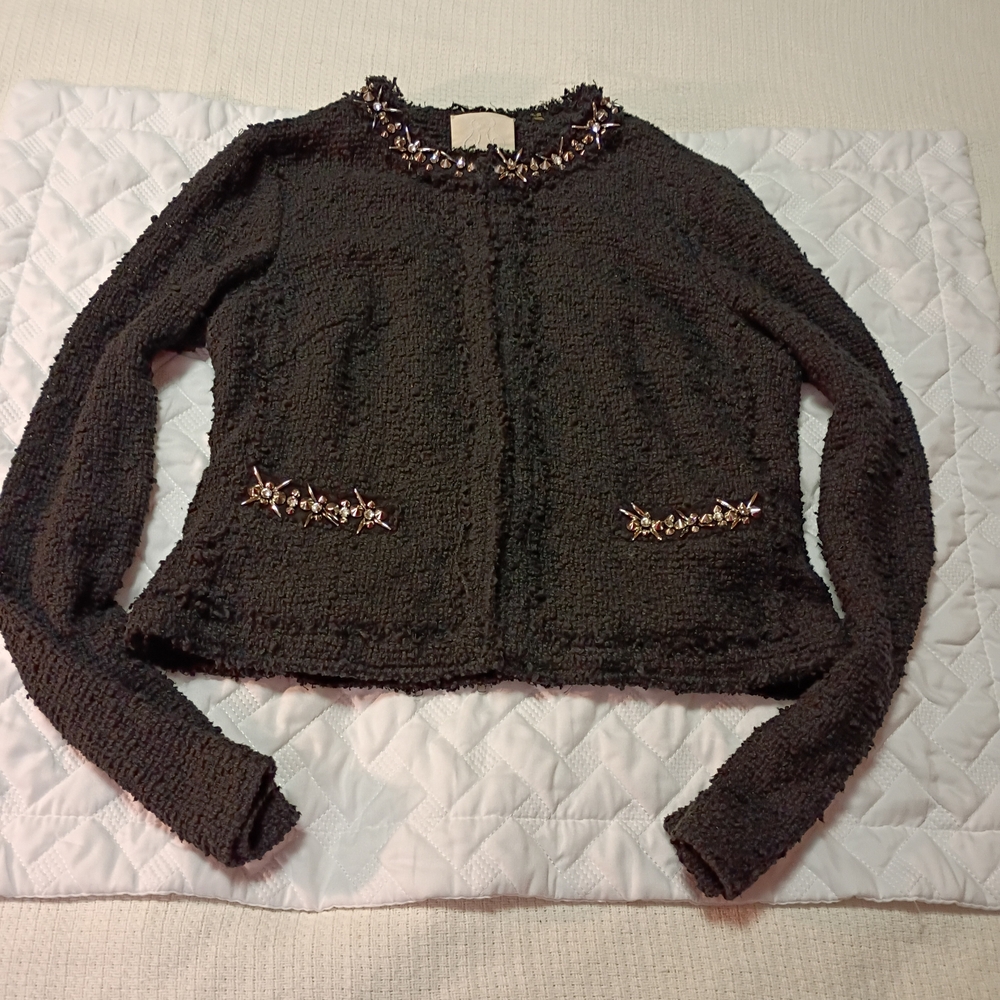 Rebecca Taylor Sweater Women's 2 Black Long Sleeve Pockets Jeweled Cardigan